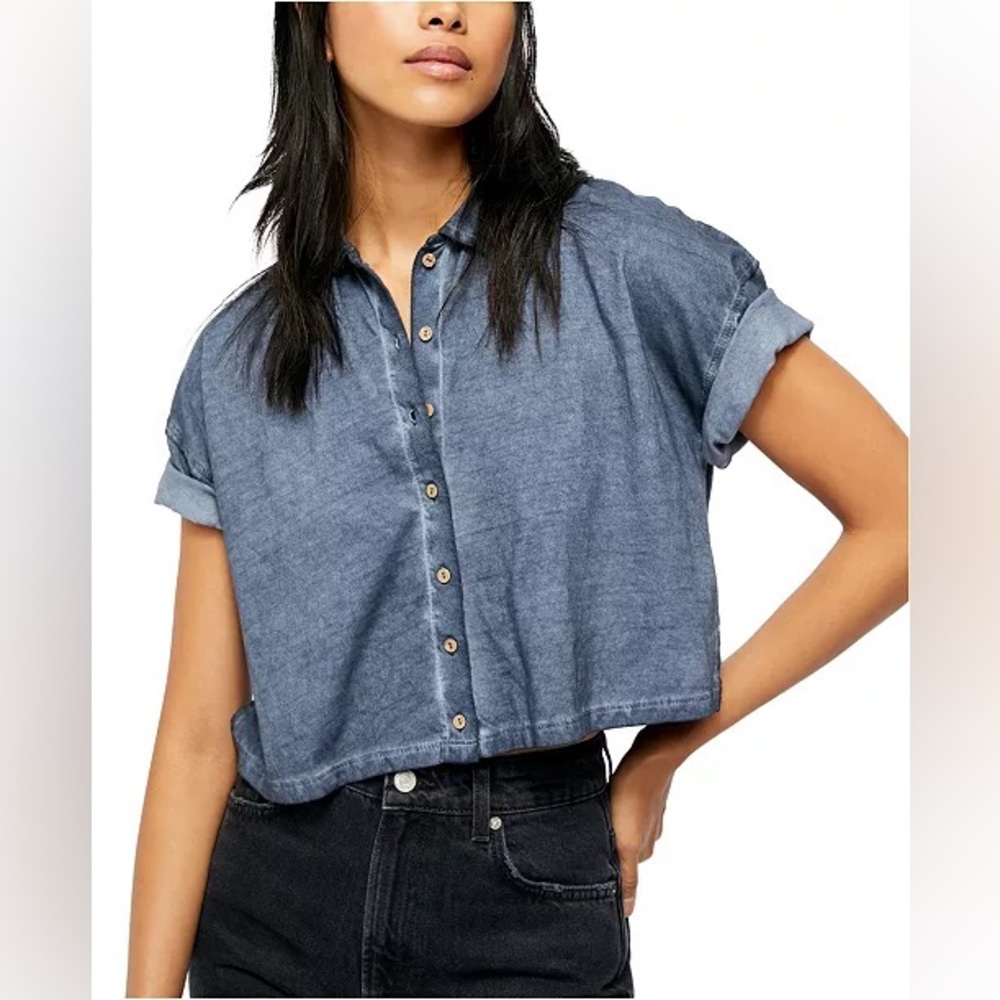 NWT FREE PEOPLE Weekend Rush Washed Navy Blue Cropped T-Shirt Tee XS-S